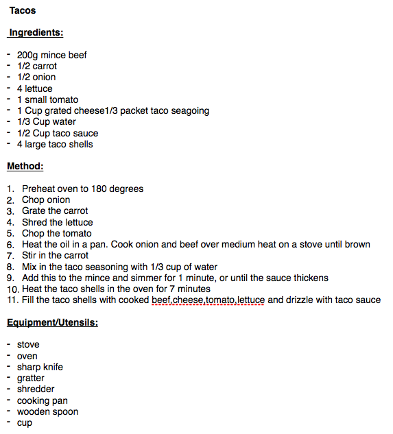 Reading A Recipe (the main parts of a recipe) and Time Management (the ...